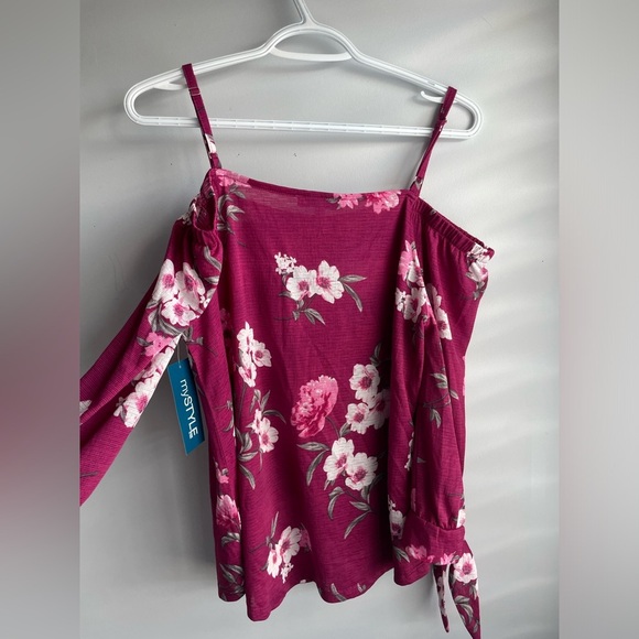 Floral Print Magenta Off the Shoulder Tie Up Button Down Blouse - Picture 3 of 5